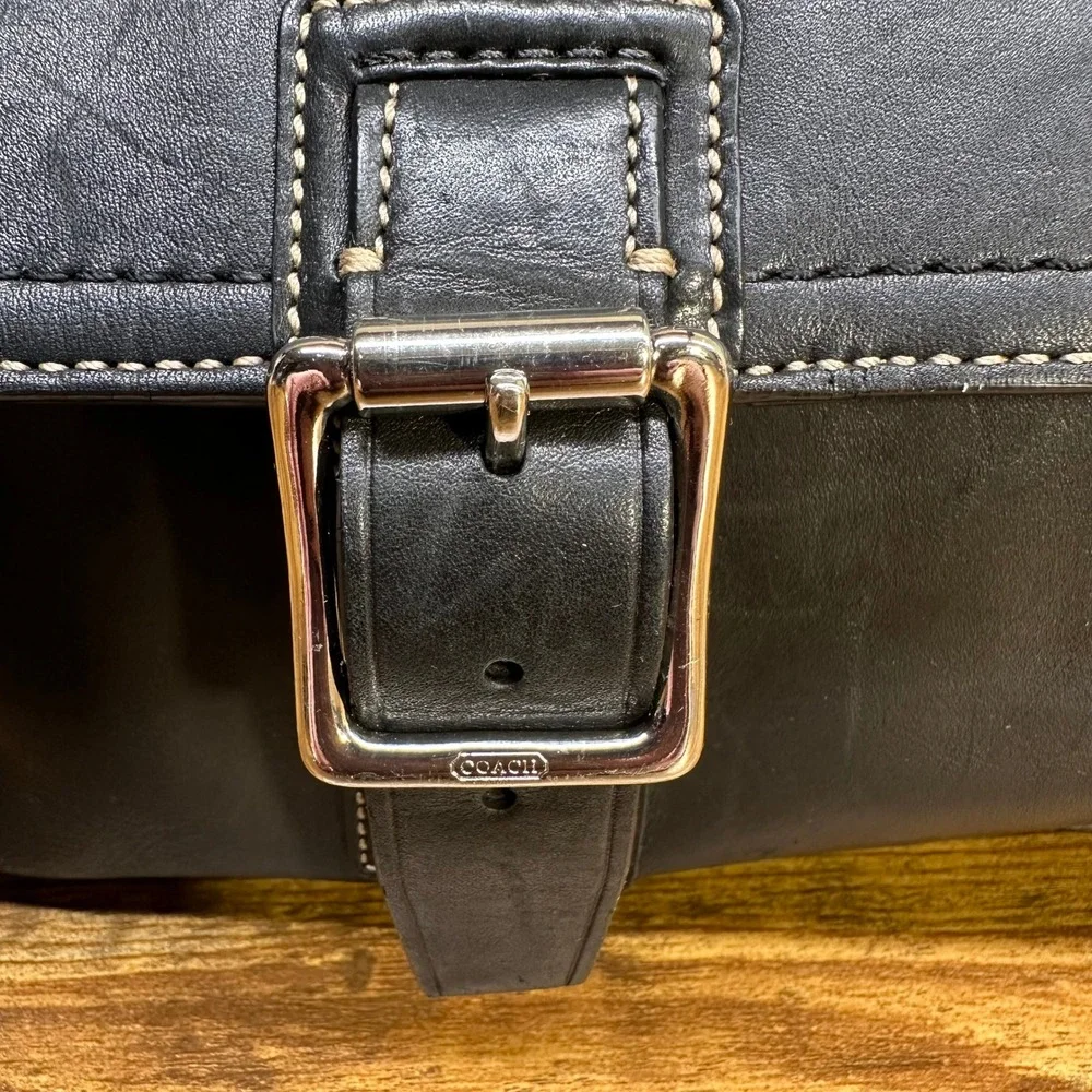Coach Mens Black Leather Messenger Bag Briefcase White Stitching Silver Hardware - Picture 2 of 16